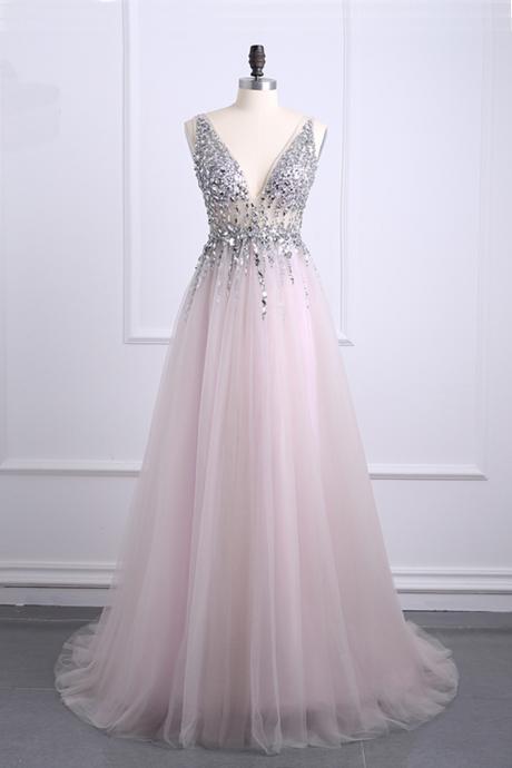 Elegant A-line Sequins Long Tulle Formal Prom Dress, Beautiful Long Prom Dress, Banquet Party Dress