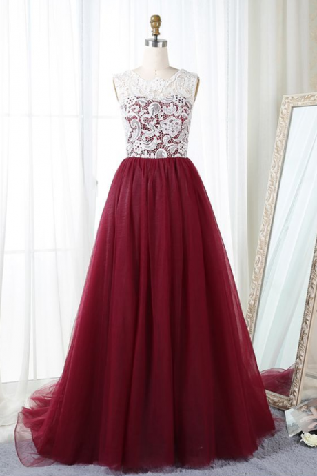 Elegant A-line Scoop Neck Lace Formal Prom Dress, Beautiful Long Prom Dress, Banquet Party Dress