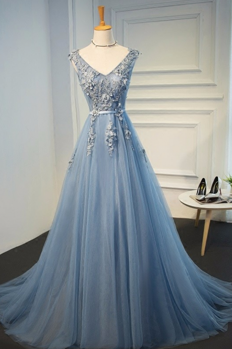 Elegant V Neck Lace Up A-line Tulle Appliques Formal Prom Dress, Beautiful Long Prom Dress, Banquet Party Dress