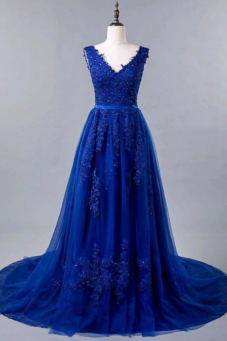 Elegant A-line Tulle Lace V-neck Appliques Formal Prom Dress, Beautiful Long Prom Dress, Banquet Party Dress
