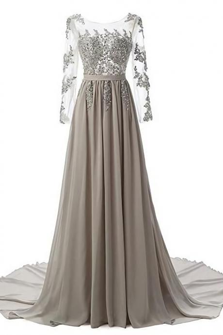Elegant A-line Long Sleeve Appliques Formal Prom Dress, Beautiful Long Prom Dress, Banquet Party Dress