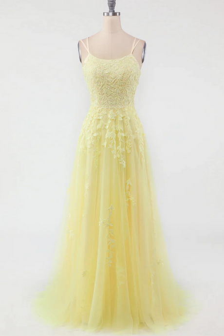 Elegant Straps Applique Tulle Formal Prom Dress, Beautiful Long Prom Dress, Banquet Party Dress
