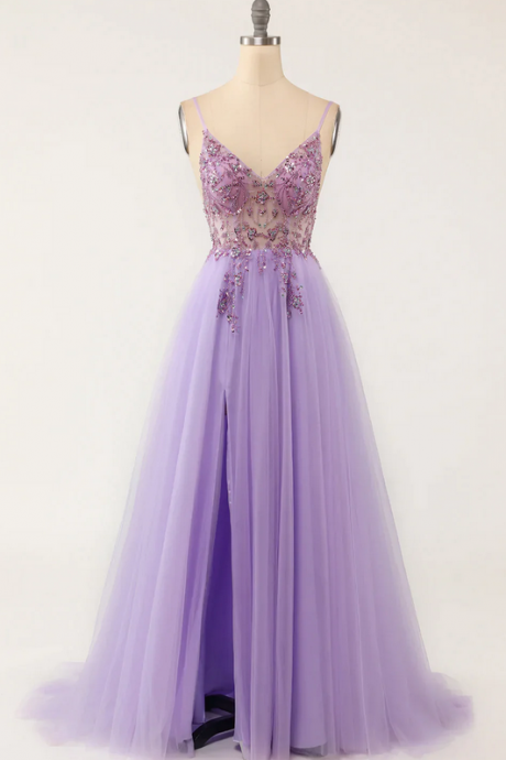 Elegant Straps Beaded Tulle Formal Prom Dress, Beautiful Long Prom Dress, Banquet Party Dress