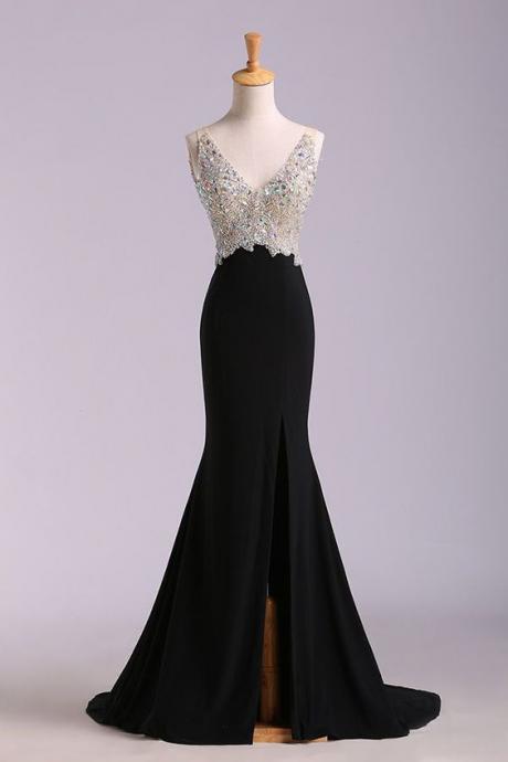 Elegant V Neck Mermaid Beaded Satin Formal Prom Dress, Beautiful Long Prom Dress, Banquet Party Dress