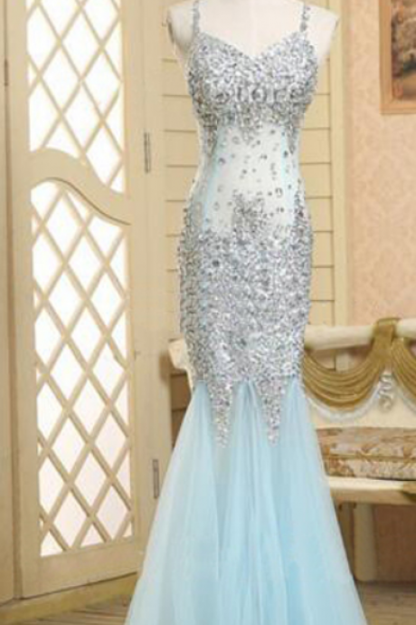 Elegant Spaghetti Strap Mermaid Tulle Formal Prom Dress, Beautiful Long Prom Dress, Banquet Party Dress