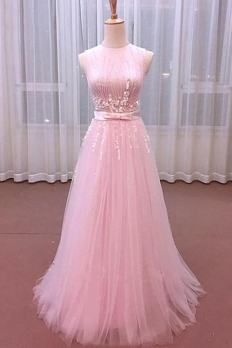 Elegant A-line Round Neckline Beaded Tulle Formal Prom Dress, Beautiful Long Prom Dress, Banquet Party Dress
