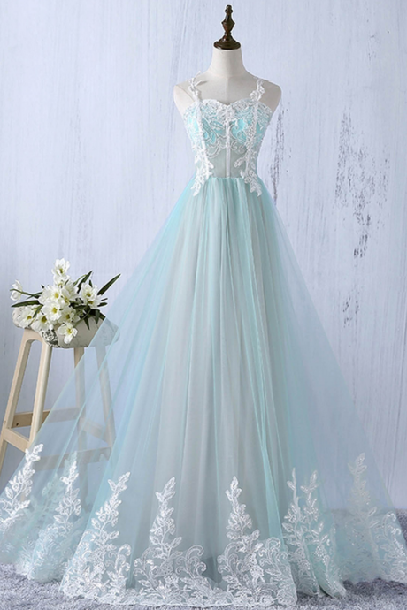 Elegant A-line Tulle Spaghetti Straps Formal Prom Dress, Beautiful Long Prom Dress, Banquet Party Dress