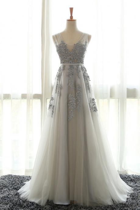 Elegant Sweetheart A-line V-neckline Tulle Formal Prom Dress, Beautiful Long Prom Dress, Banquet Party Dress