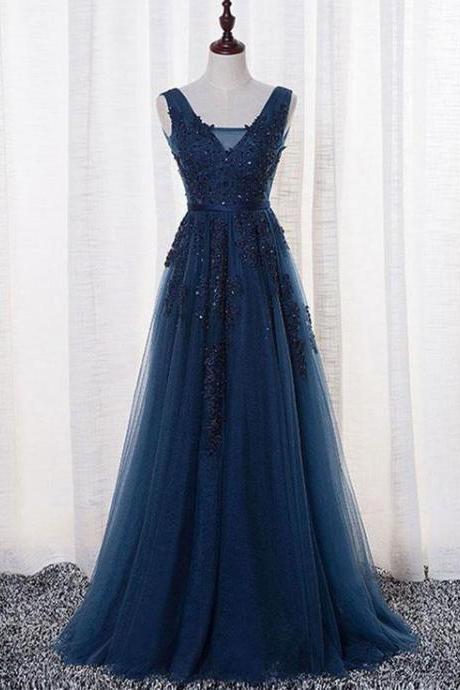 Elegant Sweetheart A-line V-neckline Lace Applique Tulle Formal Prom Dress, Beautiful Long Prom Dress, Banquet Party Dress