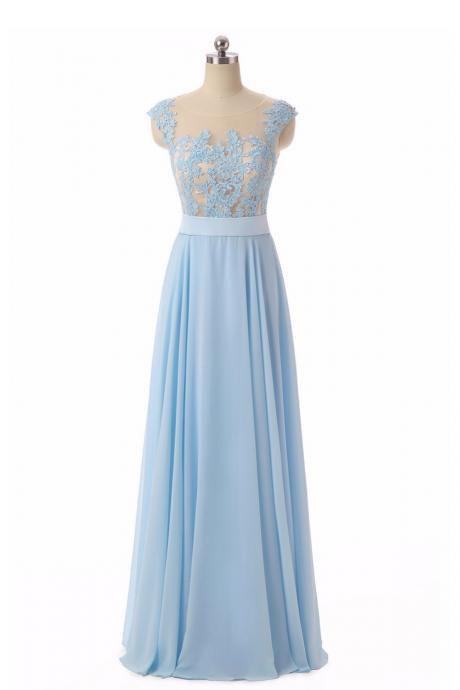 Elegant Sweetheart A-line O-neckline Lace Applique Chiffon Formal Prom Dress, Beautiful Long Prom Dress, Banquet Party Dress