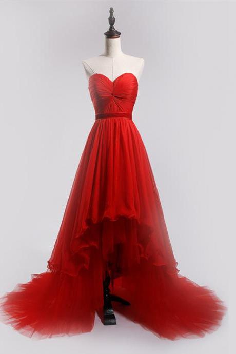 Elegant Strapless Sweetheart Ruched High-low Tulle Formal Prom Dress, Beautiful Long Prom Dress, Banquet Party Dress
