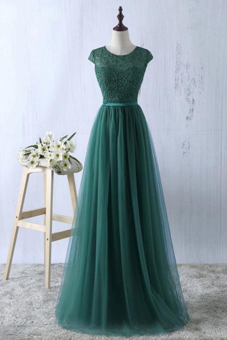 Elegant Sweetheart A-line O-neckline Lace Tulle Formal Prom Dress, Beautiful Long Prom Dress, Banquet Party Dress