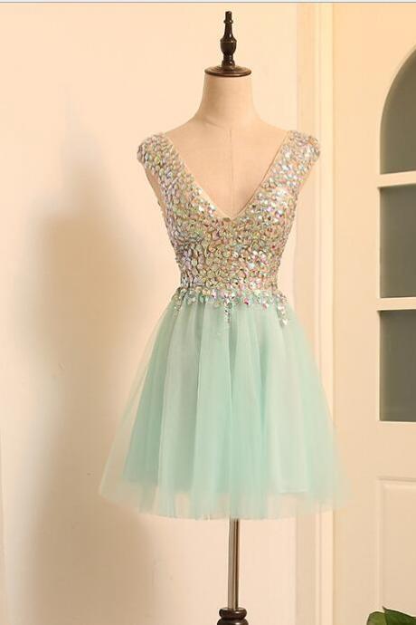 Elegant Sweetheart Sparkle Short V-neckline Short Tulle Formal Prom Dress, Beautiful Prom Dress, Banquet Party Dress
