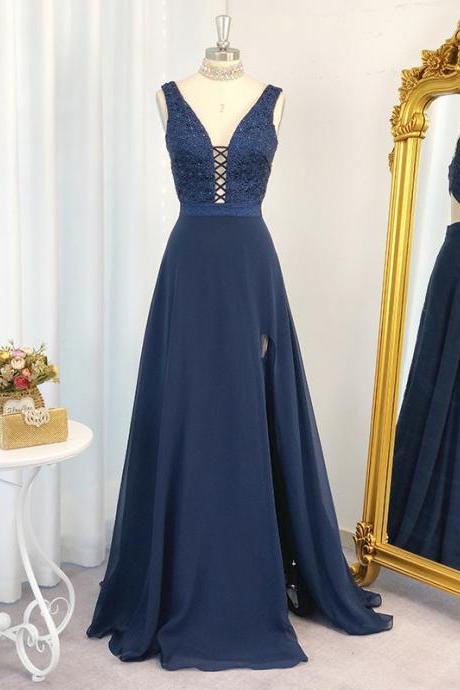 Elegant Beading Floor-Length Chiffon Sleeveless V-neck Dress ,Formal Party Dress,Prom Dress 