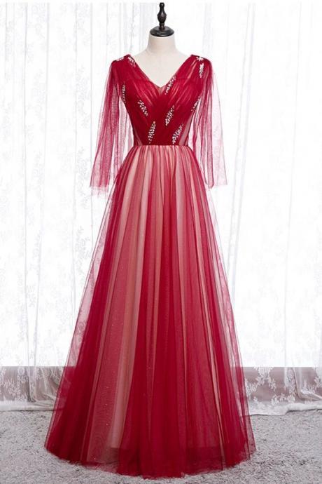 Elegant A-line Tulle V Neck Long Sleeve Evening Dress ,formal Party Dress,prom Dress