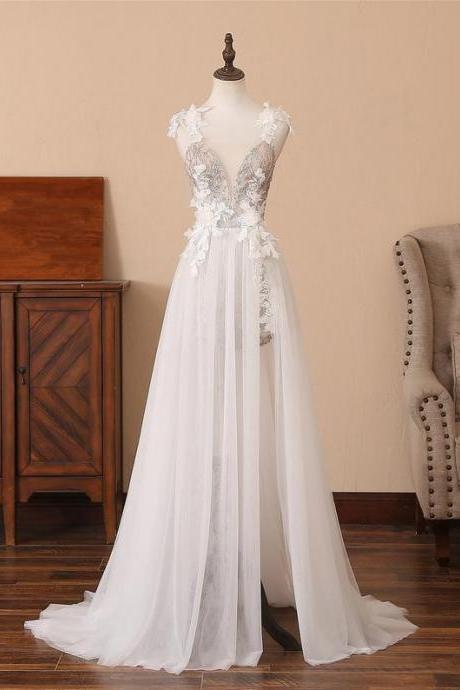 Elegant V-neck Floor-length Sleeveless Tulle Applique Evening Dress ,formal Party Dress,prom Dress