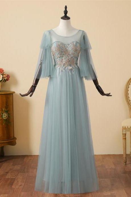 Elegant Short Sleeves Tulle Applique Evening Dress ,formal Party Dress,prom Dress