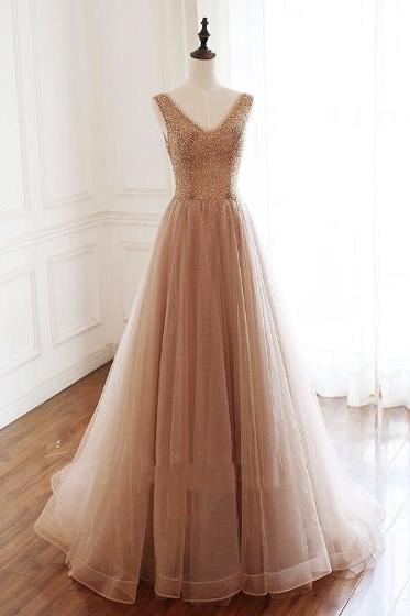 Elegant V-neck Sleeveless Tulle Evening Dress ,formal Party Dress,prom Dress