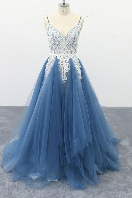 Elegant Sweetheart Off Shoulder Spaghetti Straps A-line Appliqued Tulle Evening Dress ,formal Party Dress,prom Dress