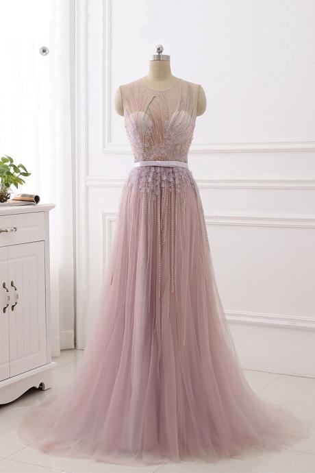 Elegant A-line Round Neckline beaded Applique Tulle Formal Prom Dress, Beautiful Long Prom Dress, Banquet Party Dress