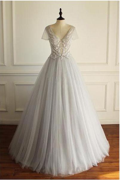 Elegant A-line V Neckline Short Sleeves Tulle Formal Prom Dress, Beautiful Long Prom Dress, Banquet Party Dress