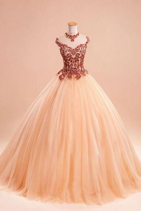 Elegant A-line Applique Tulle Formal Prom Dress, Beautiful Long Prom Dress, Banquet Party Dress