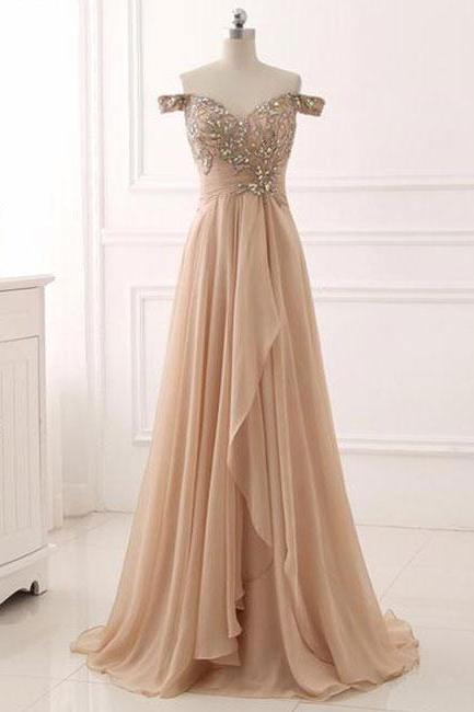 Elegant Beaded Embellished Off-the-shoulder Chiffon Formal Prom Dress, Beautiful Long Prom Dress, Banquet Party Dress