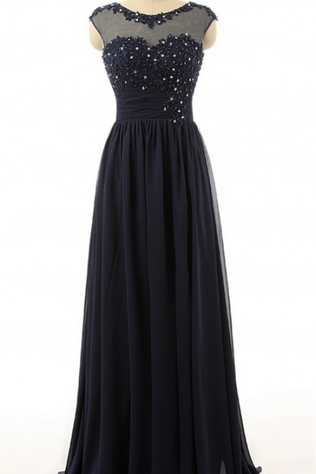 Elegant Lace O-neckline Illusion Chiffon Formal Prom Dress, Beautiful Long Prom Dress, Banquet Party Dress
