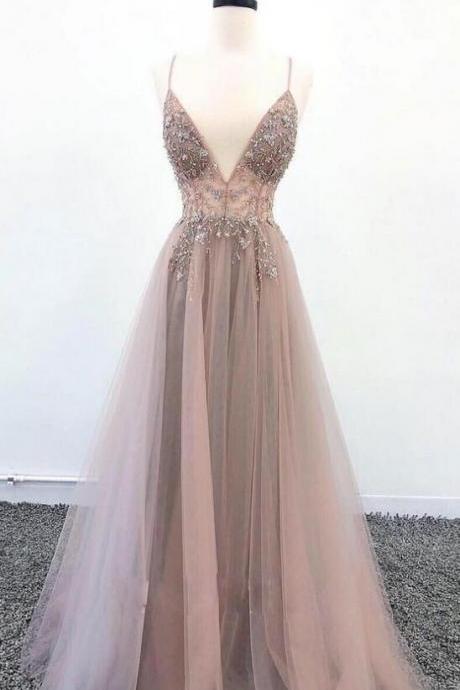 Elegant Tulle Beaded Straps V-neckline Formal Prom Dress, Beautiful Long Prom Dress, Banquet Party Dress