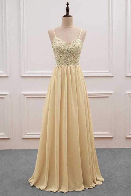 Elegant Chiffon Sequined Spaghetti Straps Formal Prom Dress, Beautiful Long Prom Dress, Banquet Party Dress