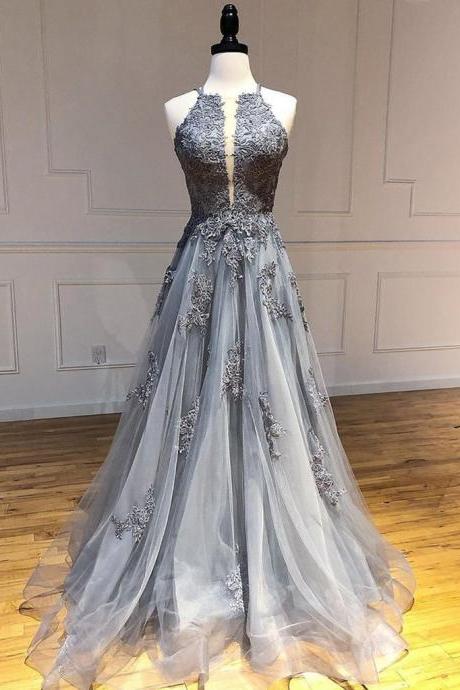 Elegant Backless Lace Appliques Tulle Formal Prom Dress, Beautiful Long Prom Dress, Banquet Party Dress