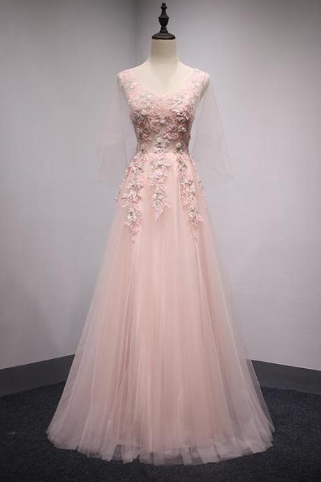Elegant A-line V-neckline Tulle Formal Prom Dress, Beautiful Long Prom Dress, Banquet Party Dress