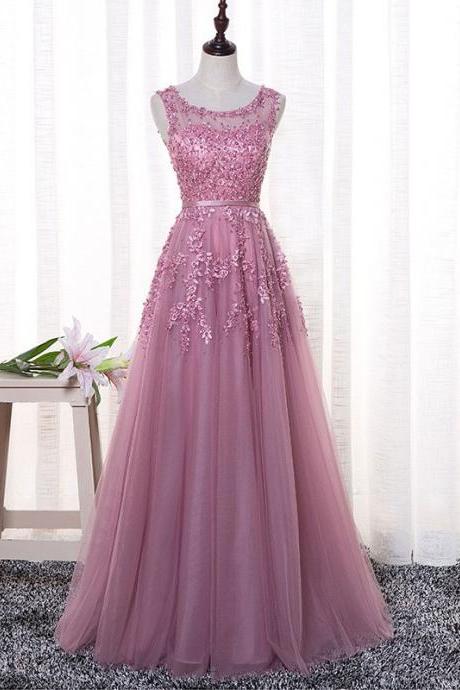 Elegant A-line Lace Applique Tulle Formal Prom Dress, Beautiful Long Prom Dress, Banquet Party Dress
