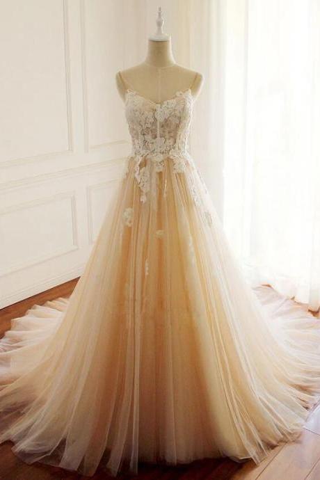 Elegant A-line Appliques Tulle Formal Prom Dress, Beautiful Long Prom Dress, Banquet Party Dress