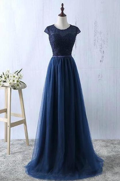 Elegant A-line Round Neckline Tulle With Lace Formal Prom Dress, Beautiful Long Prom Dress, Banquet Party Dress
