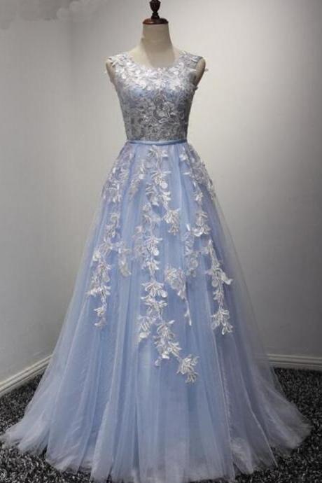 Elegant A-line Round Neckline Tulle With Lace Formal Prom Dress, Beautiful Long Prom Dress, Banquet Party Dress