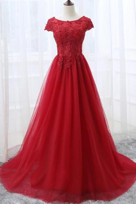 Elegant A-line Round Neckline Tulle Applique Lace Formal Prom Dress, Beautiful Long Prom Dress, Banquet Party Dress