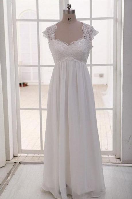 Elegant Simple High Waist Cap Sleeves Lace And Chiffon Formal Prom Dress, Beautiful Long Prom Dress, Banquet Party Dress