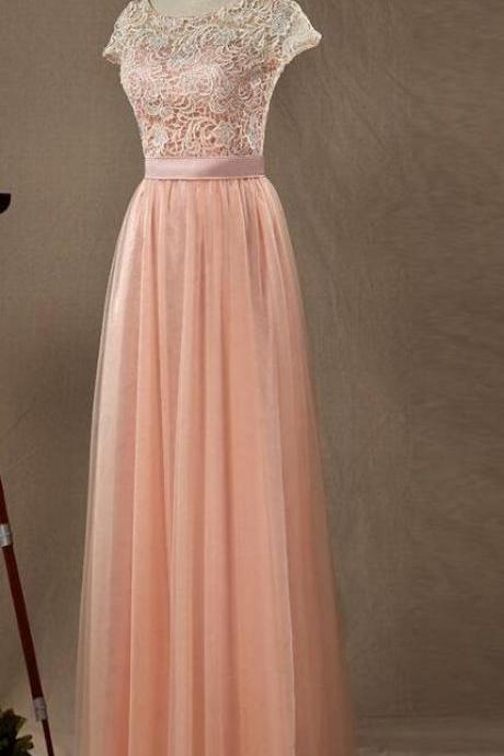 Elegant A-line Short Sleeves Tulle With Lace Formal Prom Dress, Beautiful Long Prom Dress, Banquet Party Dress