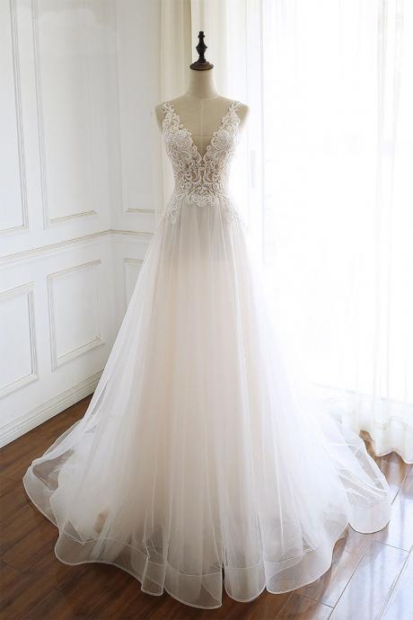Elegant Lace V-neckline Tulle Formal Prom Dress, Beautiful Long Prom Dress, Banquet Party Dress