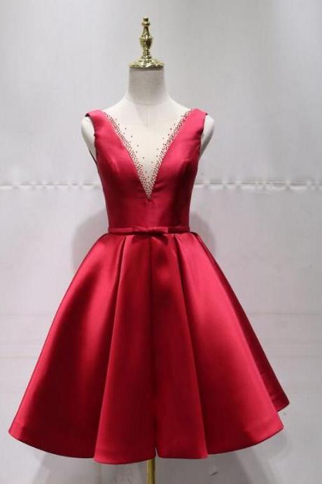 Elegant Satin Knee Length V Neckline Formal Prom Dress, Beautiful Prom Dress, Banquet Party Dress