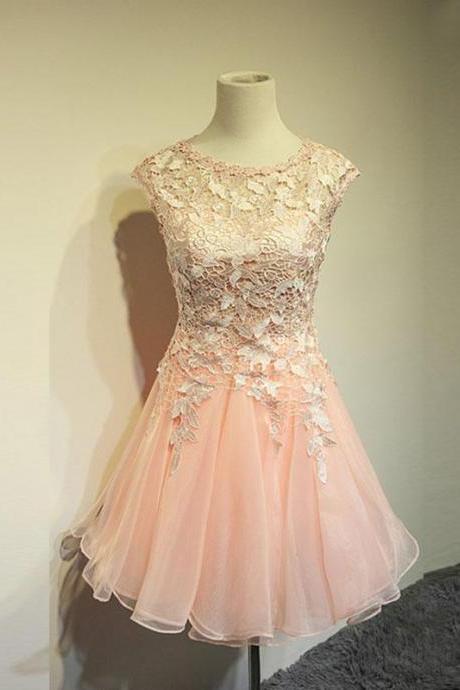 Elegant Satin Knee Length Lace Formal Prom Dress, Beautiful Prom Dress, Banquet Party Dress