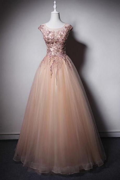 Elegant Sweetheart A-line Round Neckline Beaded Tulle Formal Prom Dress, Beautiful Long Prom Dress, Banquet Party Dress