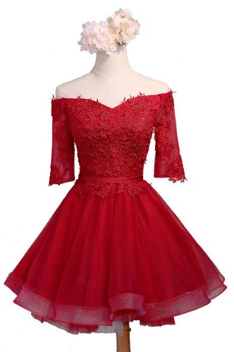 Elegant Sweetheart Lace Appliques Off-the-shoulder Half Sleeves Formal Prom Dress, Beautiful Prom Dress, Banquet Party Dress