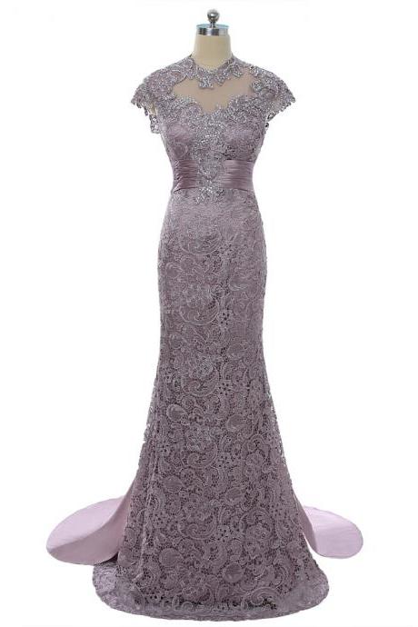 Elegant Mermaid Cap Sleeves Lace Beaded Formal Prom Dress, Beautiful Long Prom Dress, Banquet Party Dress