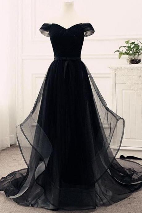 Elegant Off-the-shoulder Tulle A-line Formal Prom Dress, Beautiful Long Prom Dress, Banquet Party Dress