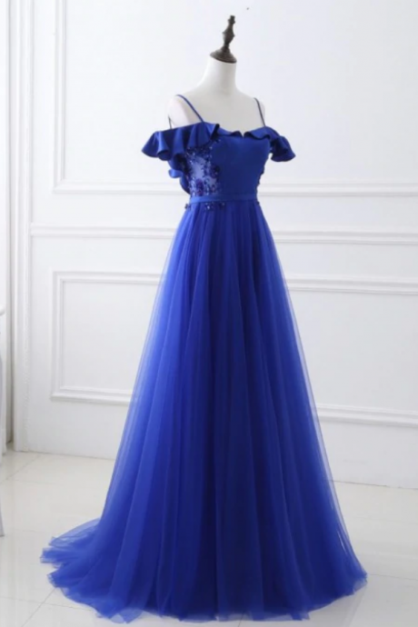 Prom Dresses, Royal Blue Tulle Formal Evening Dresses, Elegant Halter Backless Sexy Prom Dresses , Party Dresses