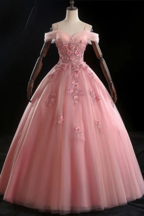 Prom Dresses,heart Neck Pink Tulle Spaghetti Straps Long Dress, Formal Prom Dresses Celebrity Princess Sleeveless Evening Dress, Birthday Gown