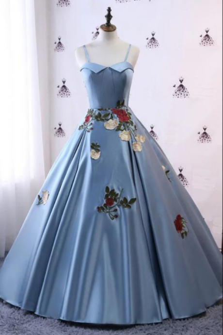 Prom Dresses,blue Satin Modest Spaghetti Straps Applique Prom Dresses, Party Dresses, Elegant Evening Formal Dresses