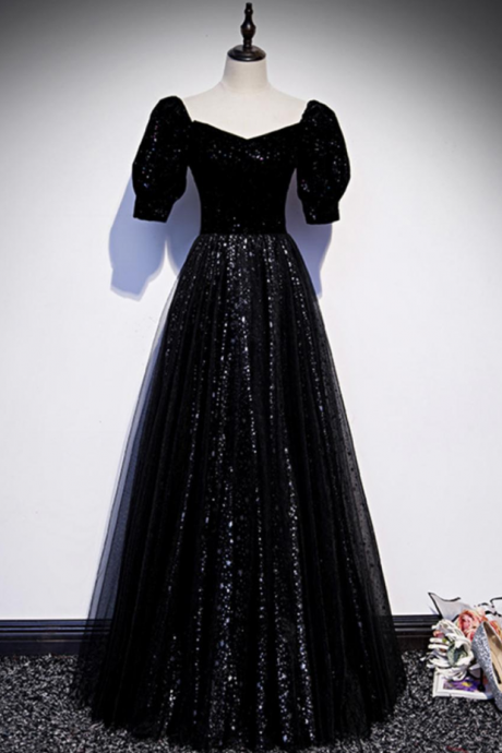 Prom Dresses,princess Long Short Sleeve Dress,black Glitter Sequin Prom Dress,glitter Formal Dinner Dress